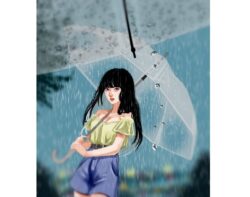 「雨の中、傘を差す女の子」｜嫁画伯のデジタルイラスト