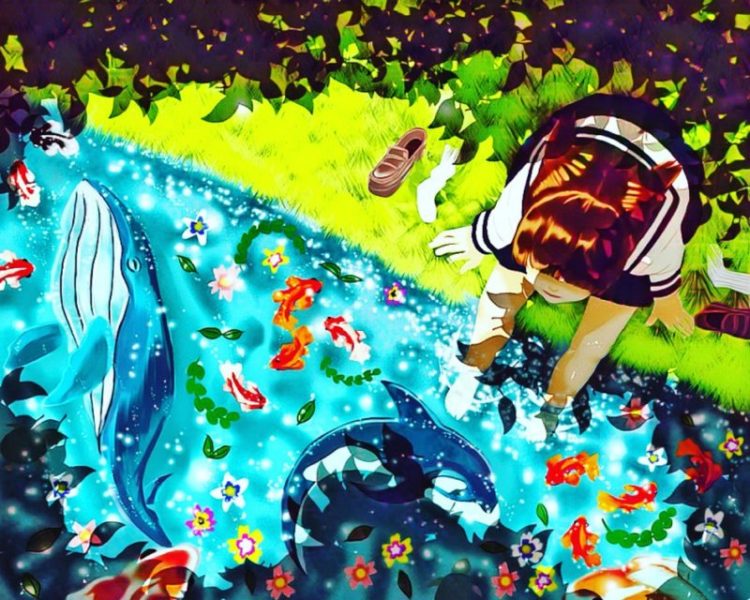 Ipad 第6世代 で描いた絵画風イラスト 川に足を浸して涼む少女 笑顔で傘をさす少女 ネコドシブログ
