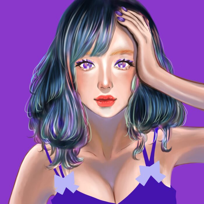 【紫】二面性をイメージした、髪がユニコーンカラーの女の子｜色彩心理